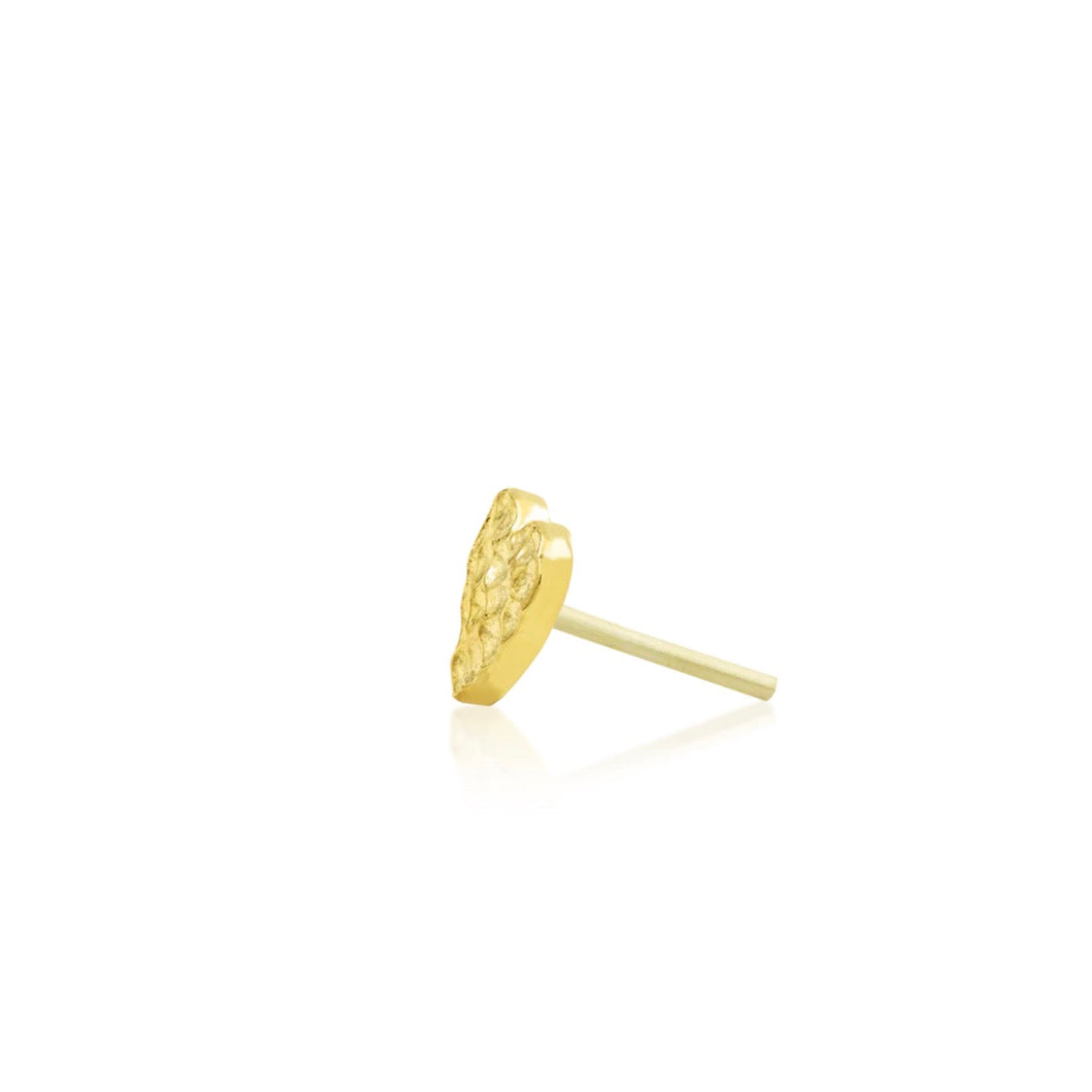 Tiny solid gold forward helix stud shaped as a polished hammered heart