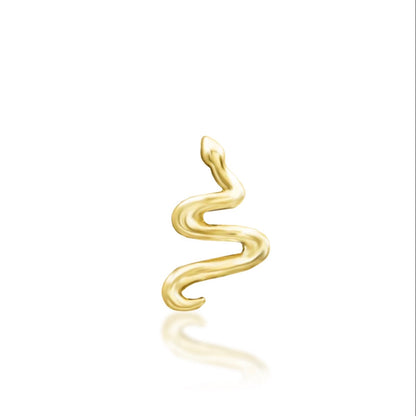 Tiny serpent cartilage stud in polished solid yellow gold with a gently undulating shape
