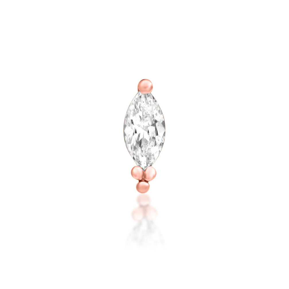 Tragus earring in solid 14k rose gold, featuring a narrow marquise gemstone and petite bead accents.