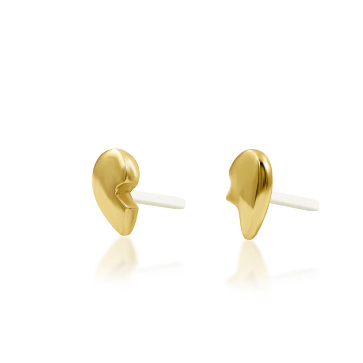 Two-piece heart lobe earrings in polished yellow gold with divided edges that align as a unified design.