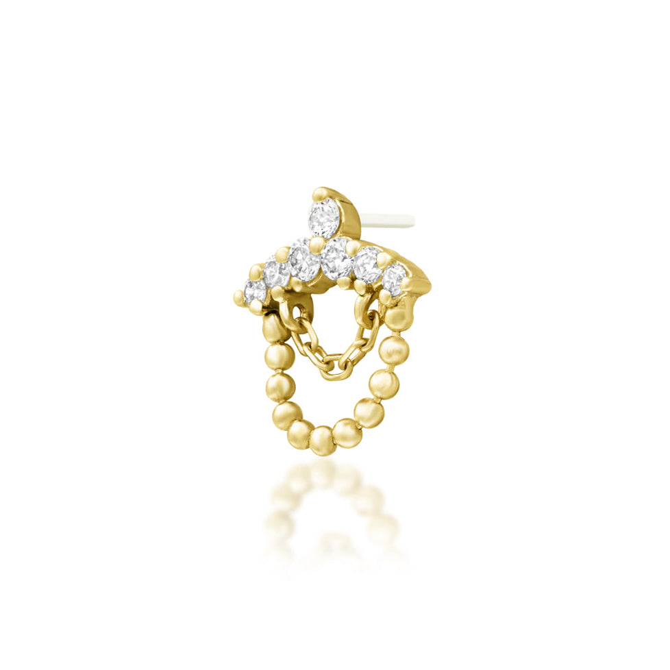 Angled view of Junipurr Ninette solid 14k yellow gold diamond chain threadless decorative end
