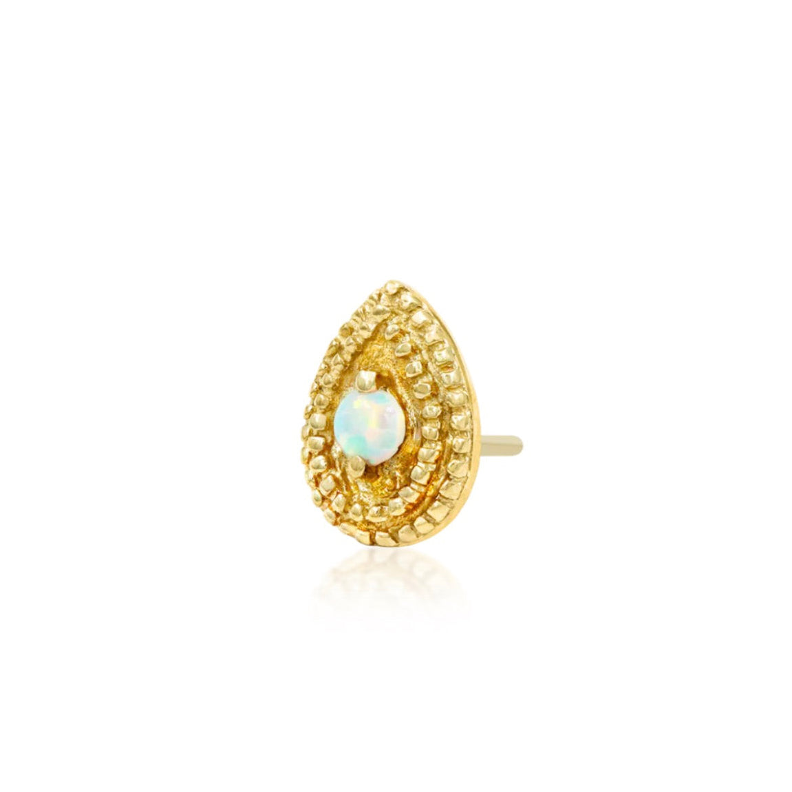 Vintage-inspired yellow gold lobe earring with an iridescent pear opal and double millgrain border