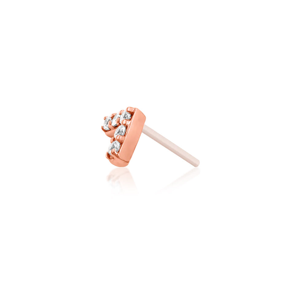 Solid rose gold cartilage stud with five prong-set white CZ gems in a V shape