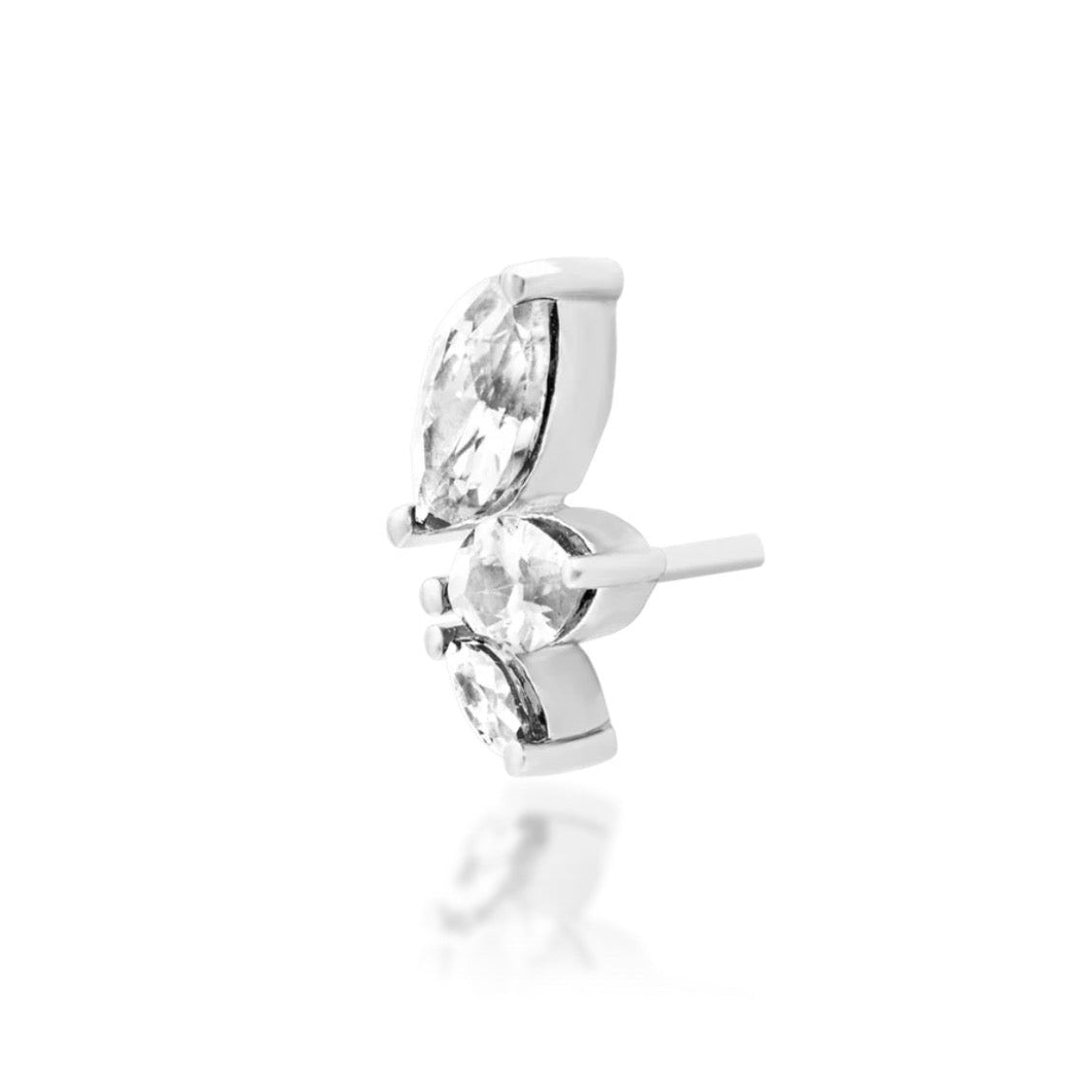 Solid white gold conch cluster with three prong-set white cubic zirconia gems