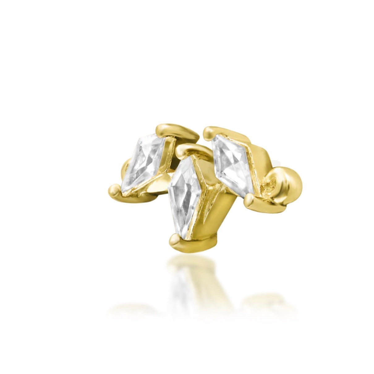     Contoured yellow gold conch earring set with three kite-cut white cubic zirconia gems