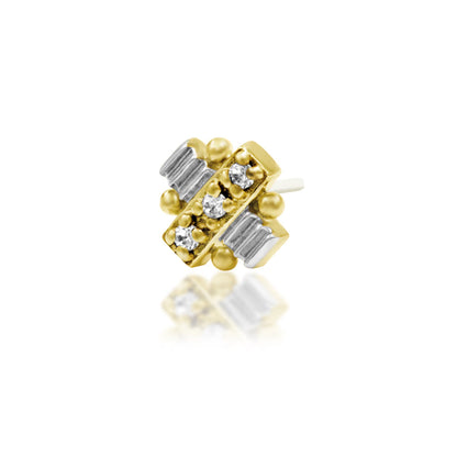     White CZ flat earring combining solid yellow and white gold in an architectural silhouette