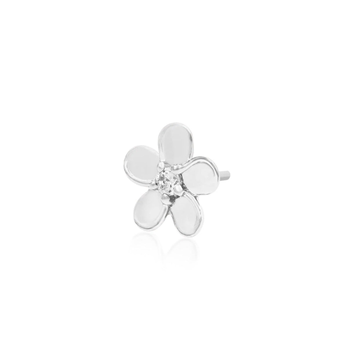 White gold flat piercing stud shaped like a polished flower with a CZ centre