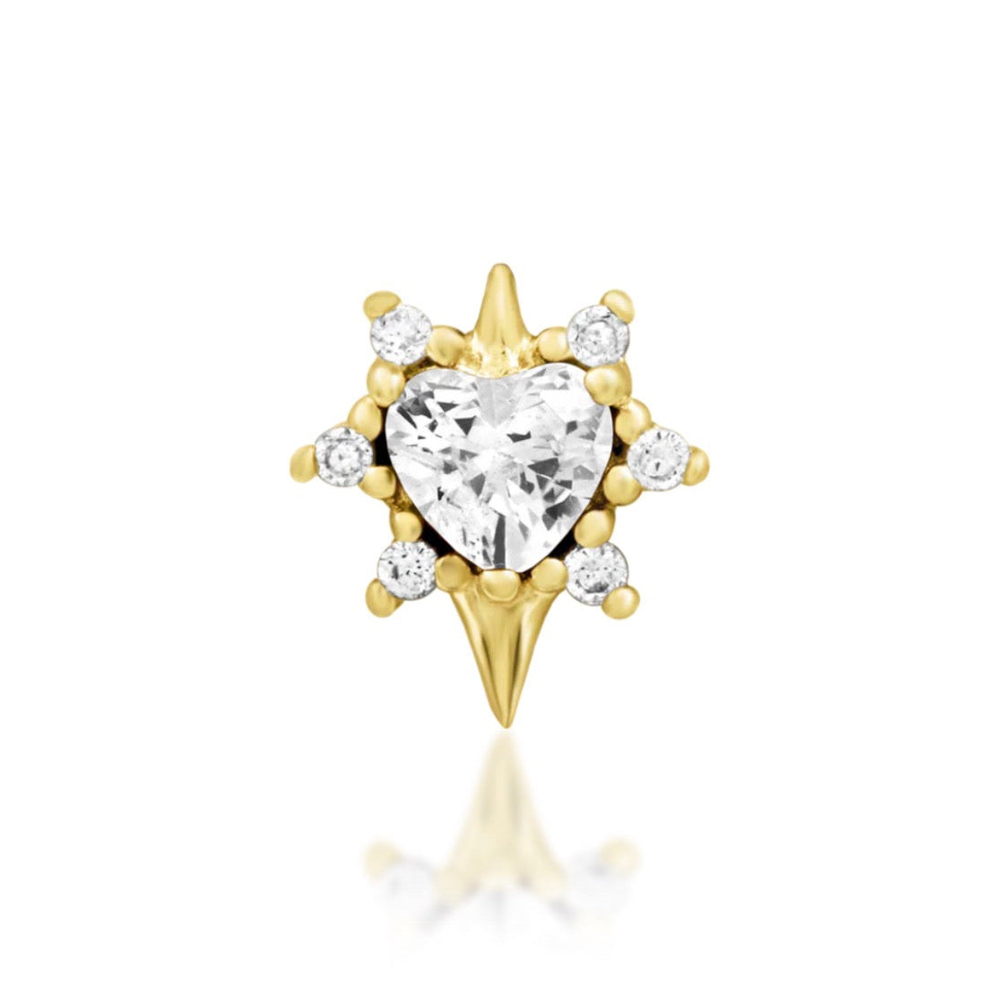     Junipurr Cadence heart earring in solid 14k yellow gold with a heart-cut white CZ and six round accents