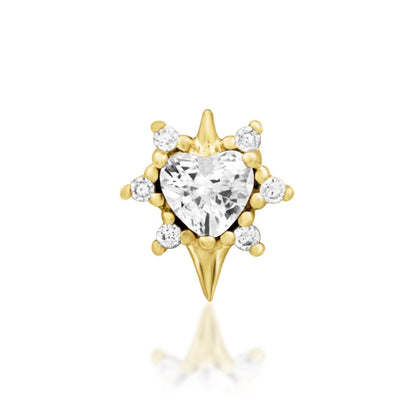     Junipurr Cadence heart earring in solid 14k yellow gold with a heart-cut white CZ and six round accents