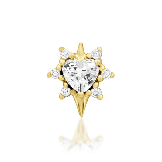     Junipurr Cadence heart earring in solid 14k yellow gold with a heart-cut white CZ and six round accents