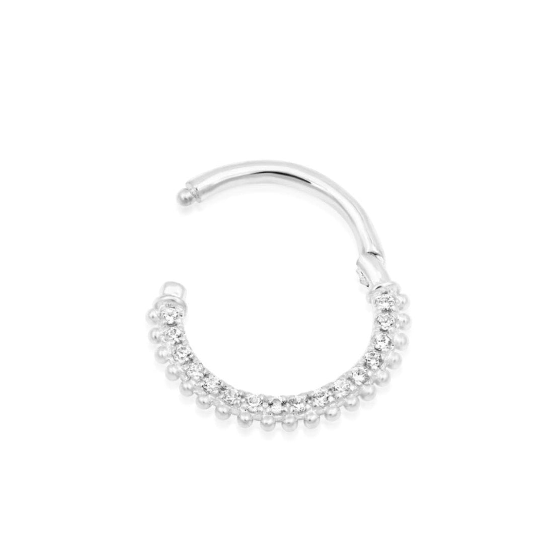 White CZ helix ring in solid white gold, featuring the distinctive gemstone and bead setting of Mimi.