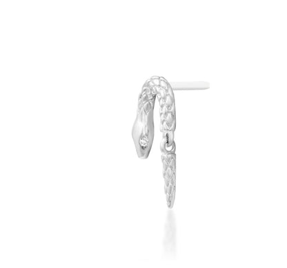 White gold serpent flat earring featuring two small white cubic zirconia stones