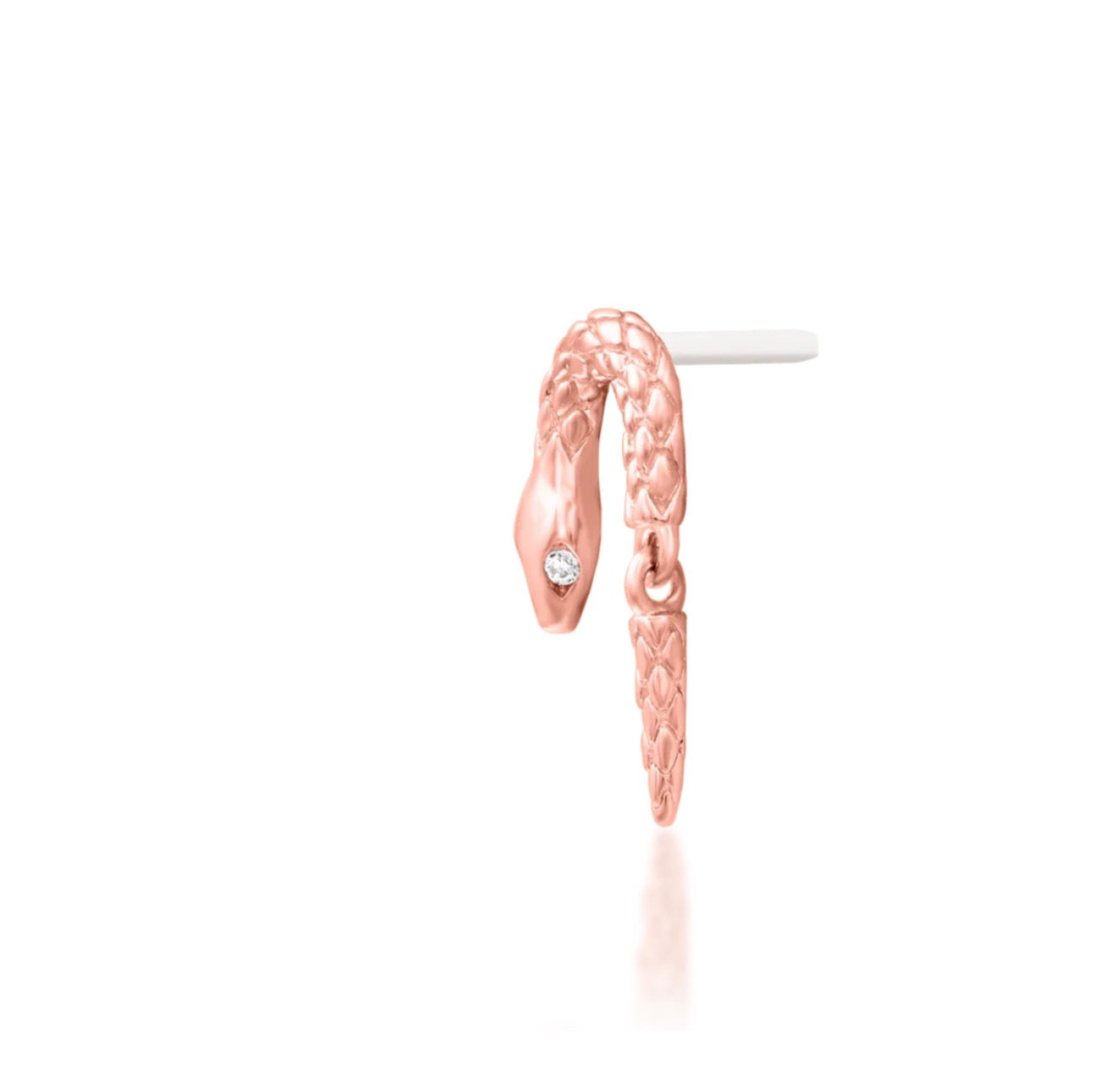 Rose gold serpent lobe earring with two delicate white cubic zirconia stones
