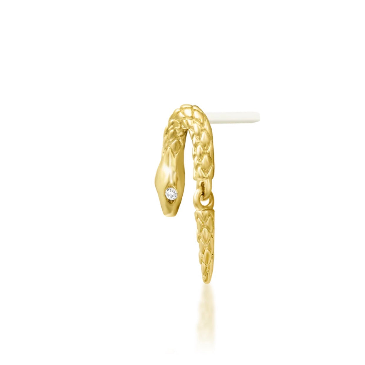 Yellow gold snake flat earring with two delicate white cubic zirconia accents