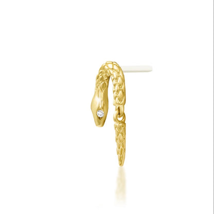 Yellow gold snake flat earring with two delicate white cubic zirconia accents