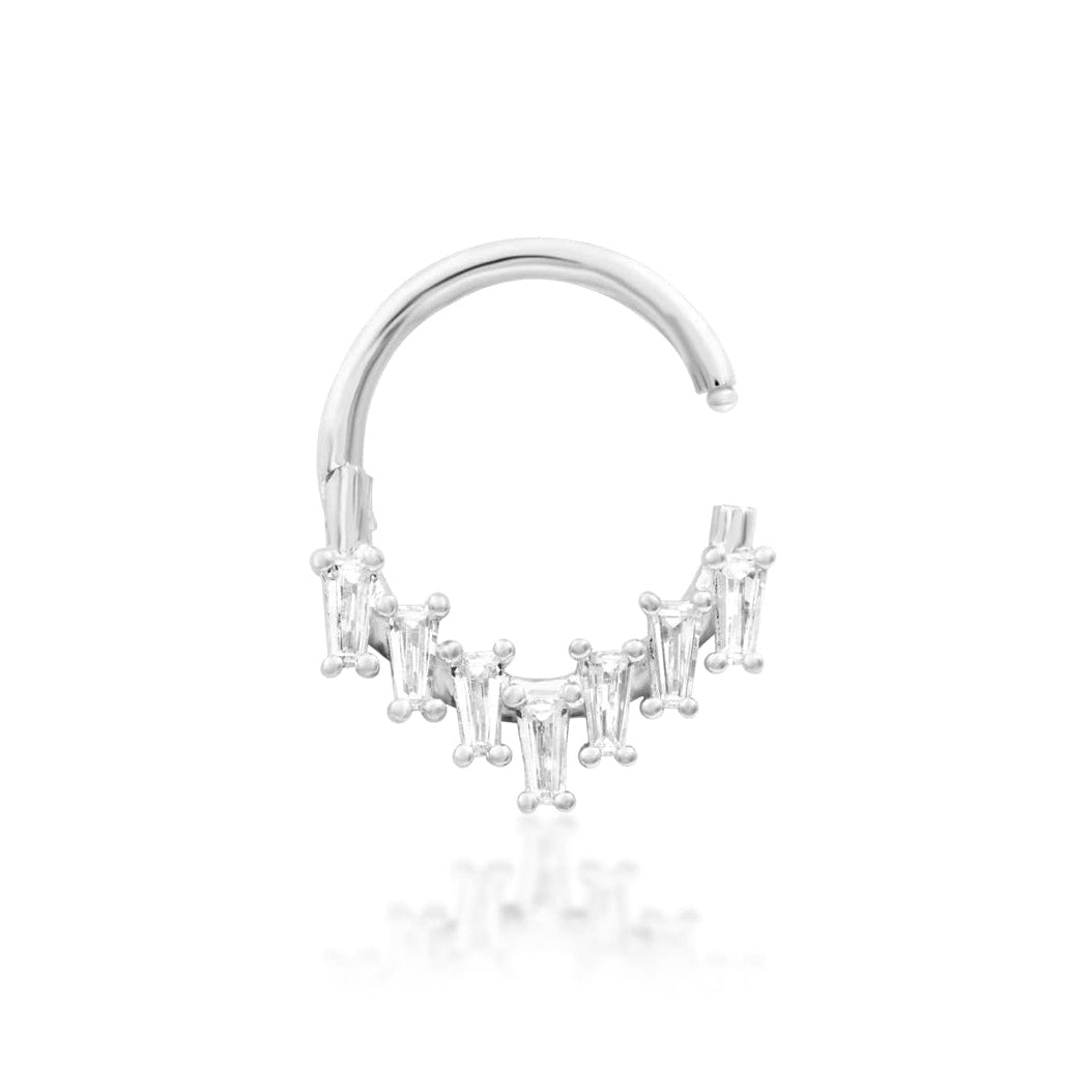 10mm gold clicker ring in white gold, set with a structured arrangement of bright white CZ stones.
