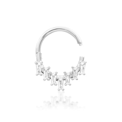 10mm gold clicker ring in white gold, set with a structured arrangement of bright white CZ stones.
