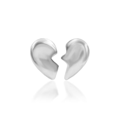 White gold broken-heart piercing earrings designed as two matching halves of one complete heart.