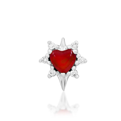 Junipurr Cadence white gold flat earring with a heart-shaped Carnelian and six White CZ accents