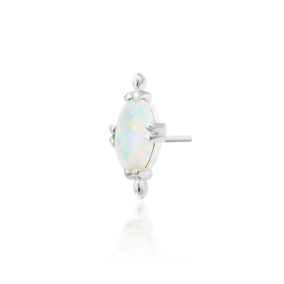 White gold cartilage earring featuring a 3mm × 5mm oval white opal cabochon