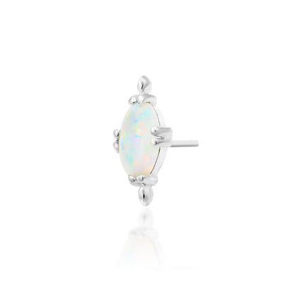 White gold cartilage earring featuring a 3mm × 5mm oval white opal cabochon