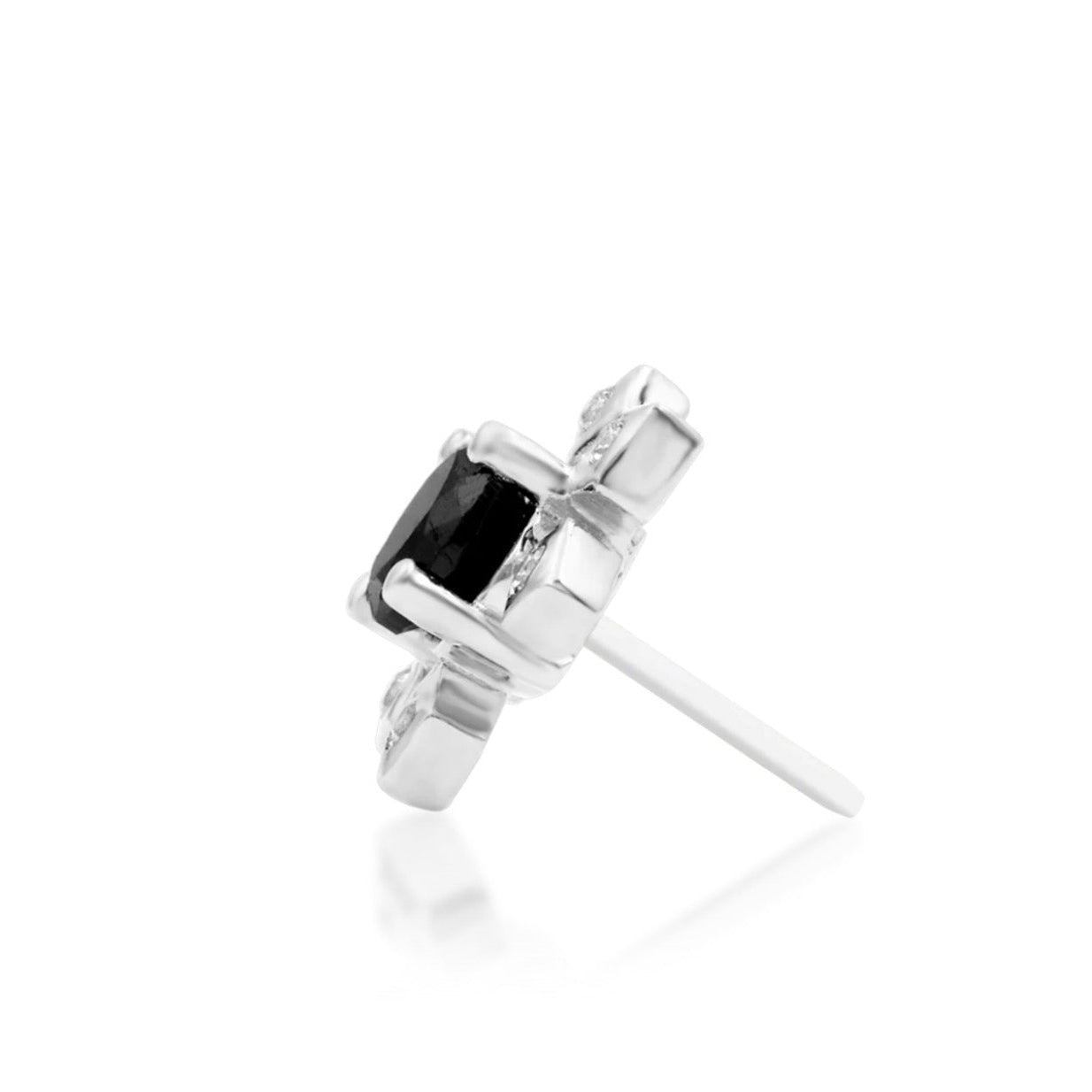     White gold cartilage flower earring featuring a black centre stone and six white CZ accents