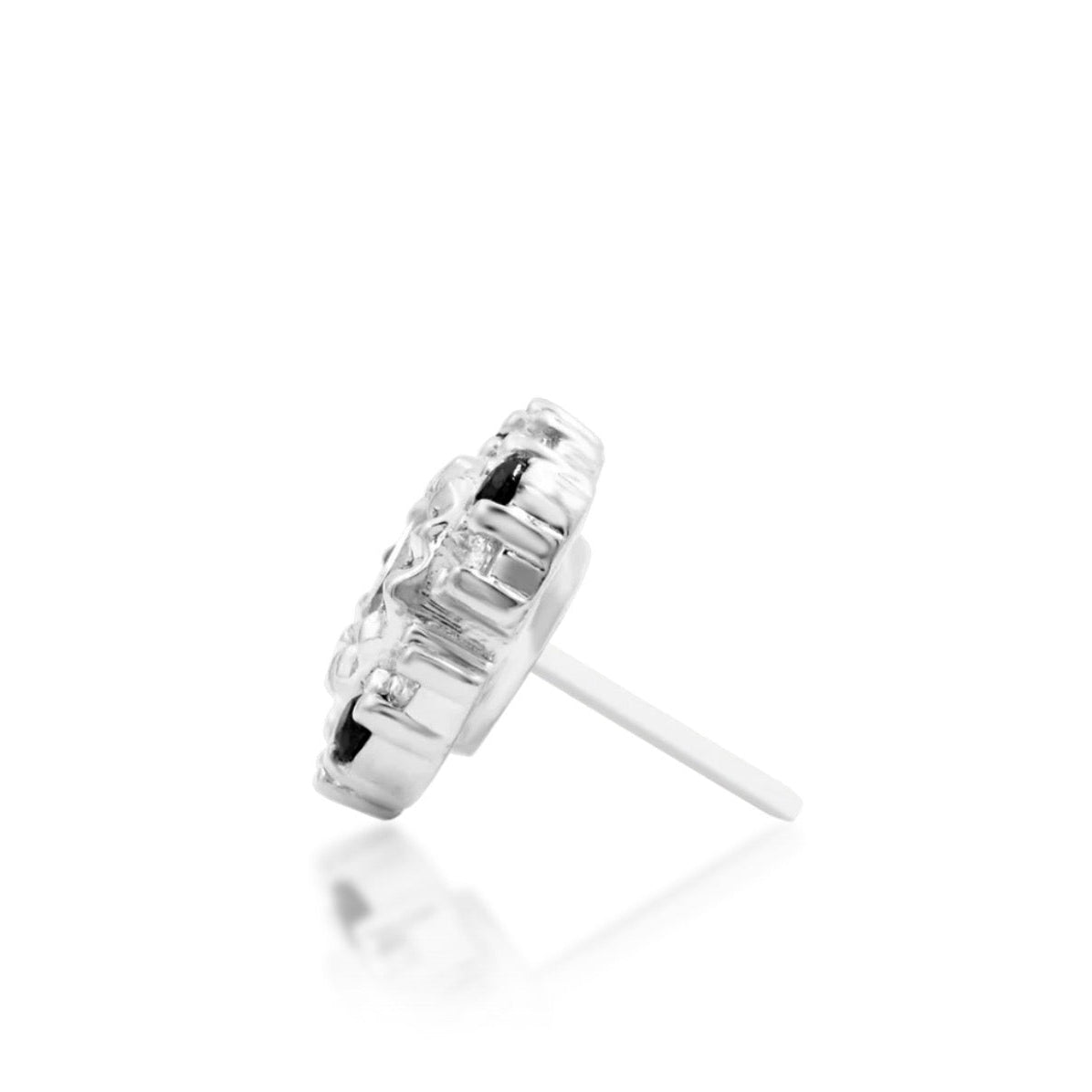 White gold cartilage jewellery featuring a symmetrical black and white cubic zirconia halo