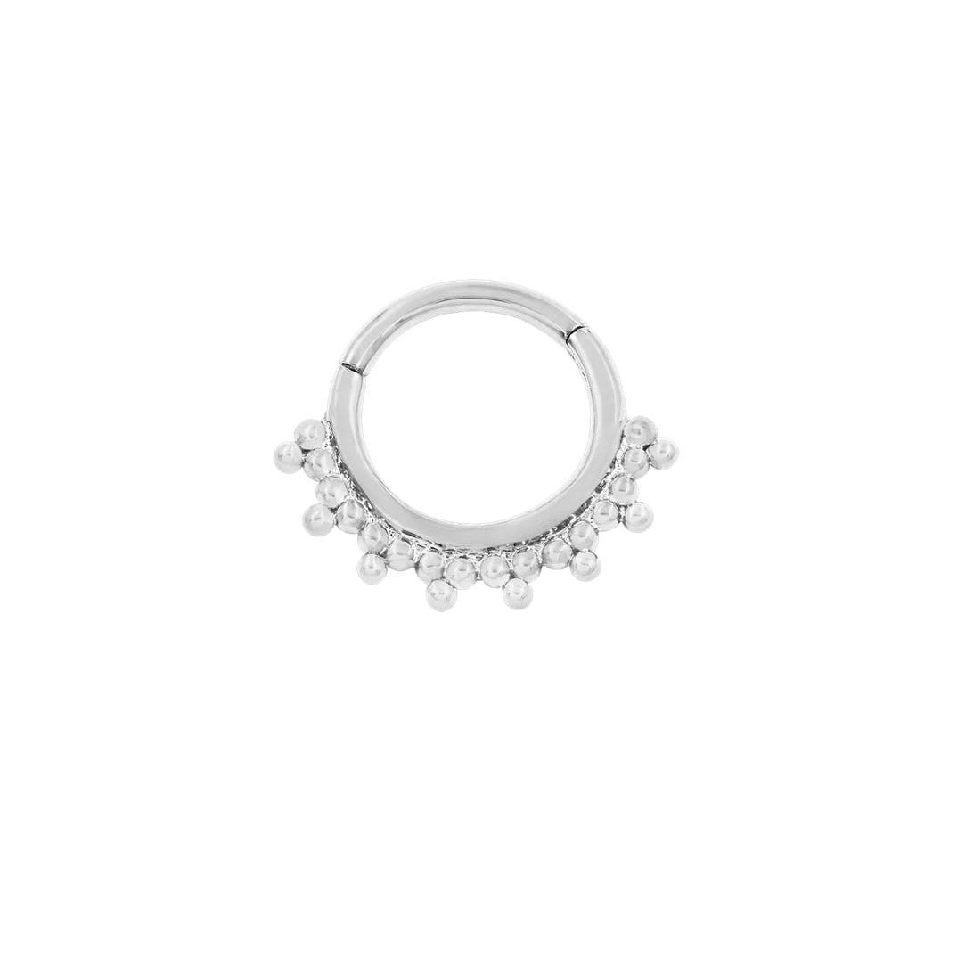 White gold clicker ring featuring the polished beaded Junipurr Halo design.
