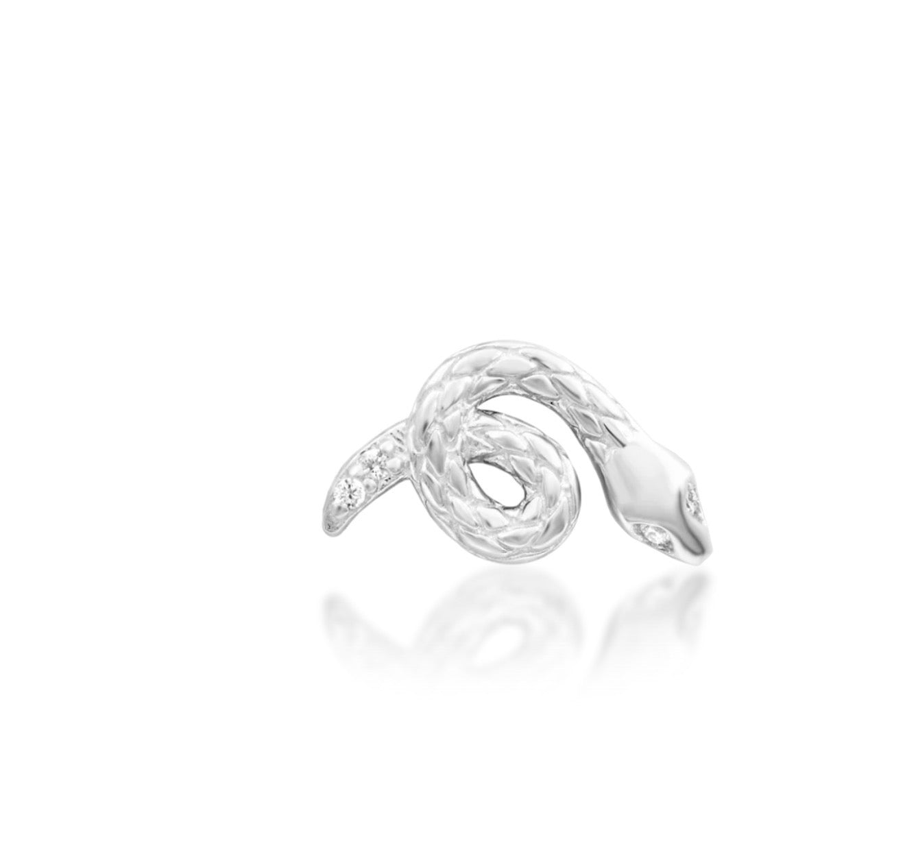 Junipurr Asmodeus coiled snake flat earring in solid 14k white gold with white CZ accents