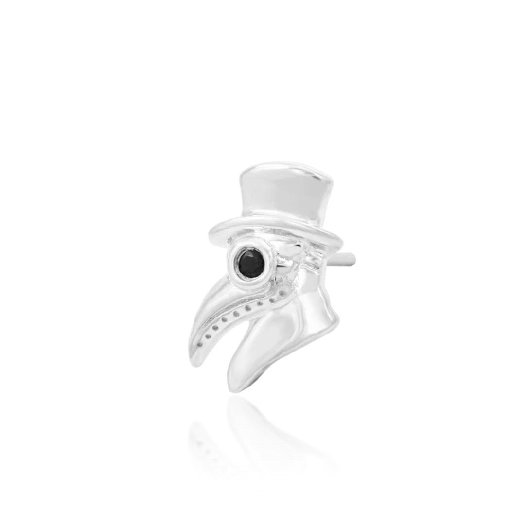 White gold conch earring shaped like a detailed plague doctor mask with Black CZ
