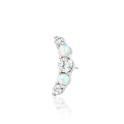 White gold conch jewellery featuring a curved arrangement of white opals and sparkling CZ stones