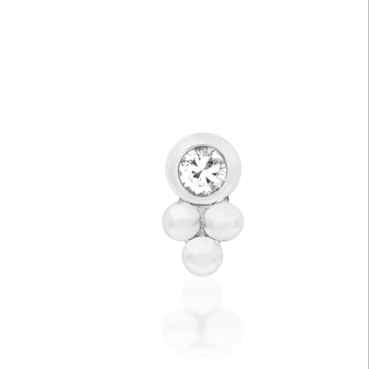 White gold helix earring with a bezel-set cubic zirconia and tri-bead detail