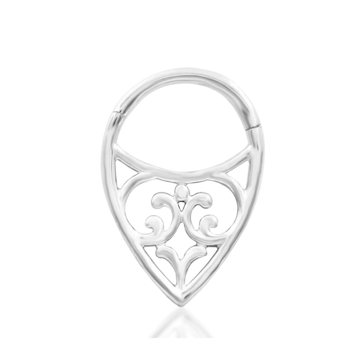 White gold daith ring with Junipurr Georgia’s elegant openwork filigree and elongated decorative drop.