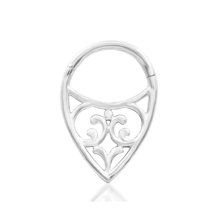 White gold daith ring with Junipurr Georgia’s elegant openwork filigree and elongated decorative drop.