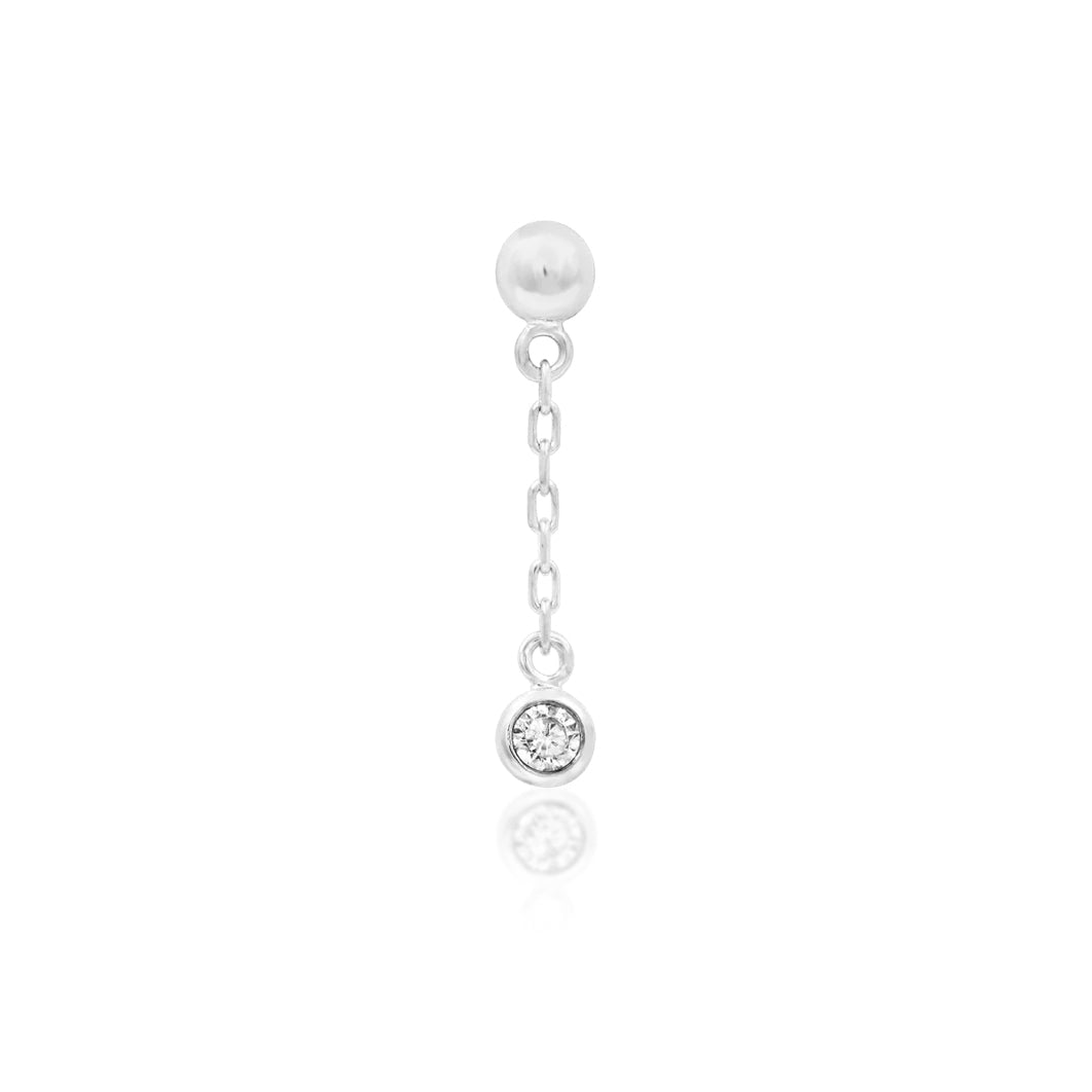 White gold dangle earring with a polished solid 14k gold ball and clear cubic zirconia drop.