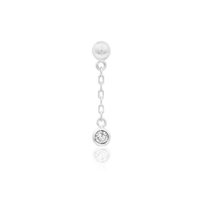 White gold dangle earring with a polished solid 14k gold ball and clear cubic zirconia drop.