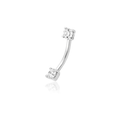 White gold curved barbell with two forward-facing 3mm cubic zirconia gems