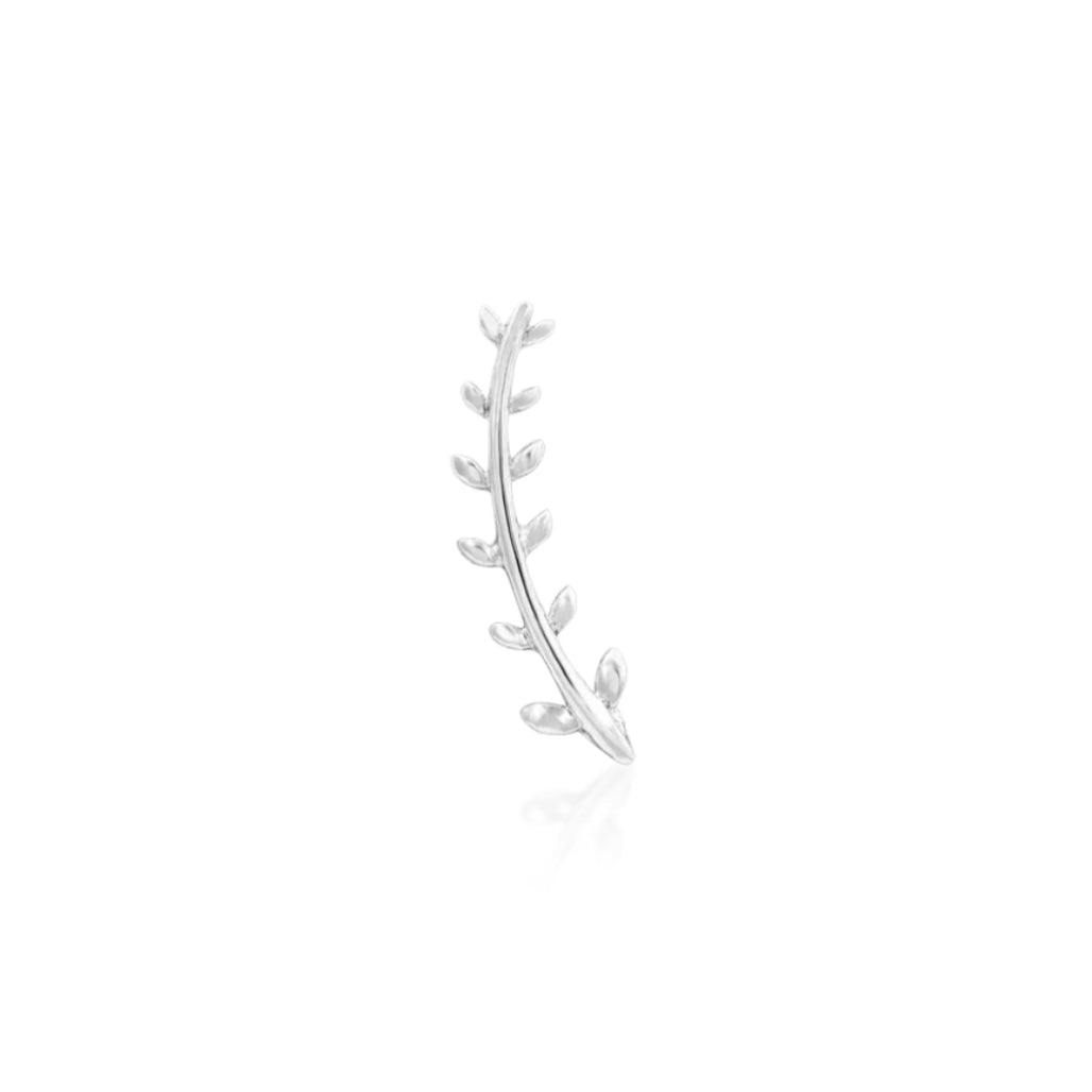 White gold fern leaf helix earring with an elongated botanical silhouette