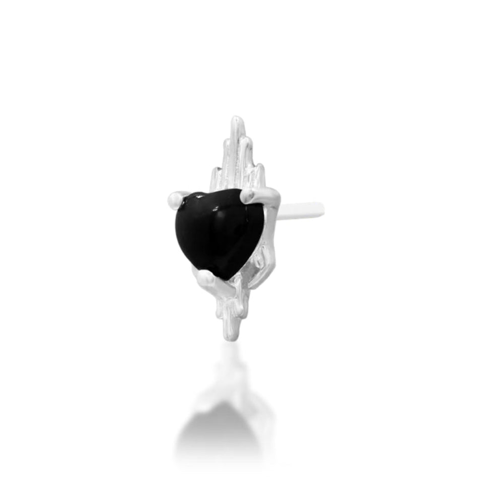     White gold cartilage earring with a heart-shaped black onyx and flame details