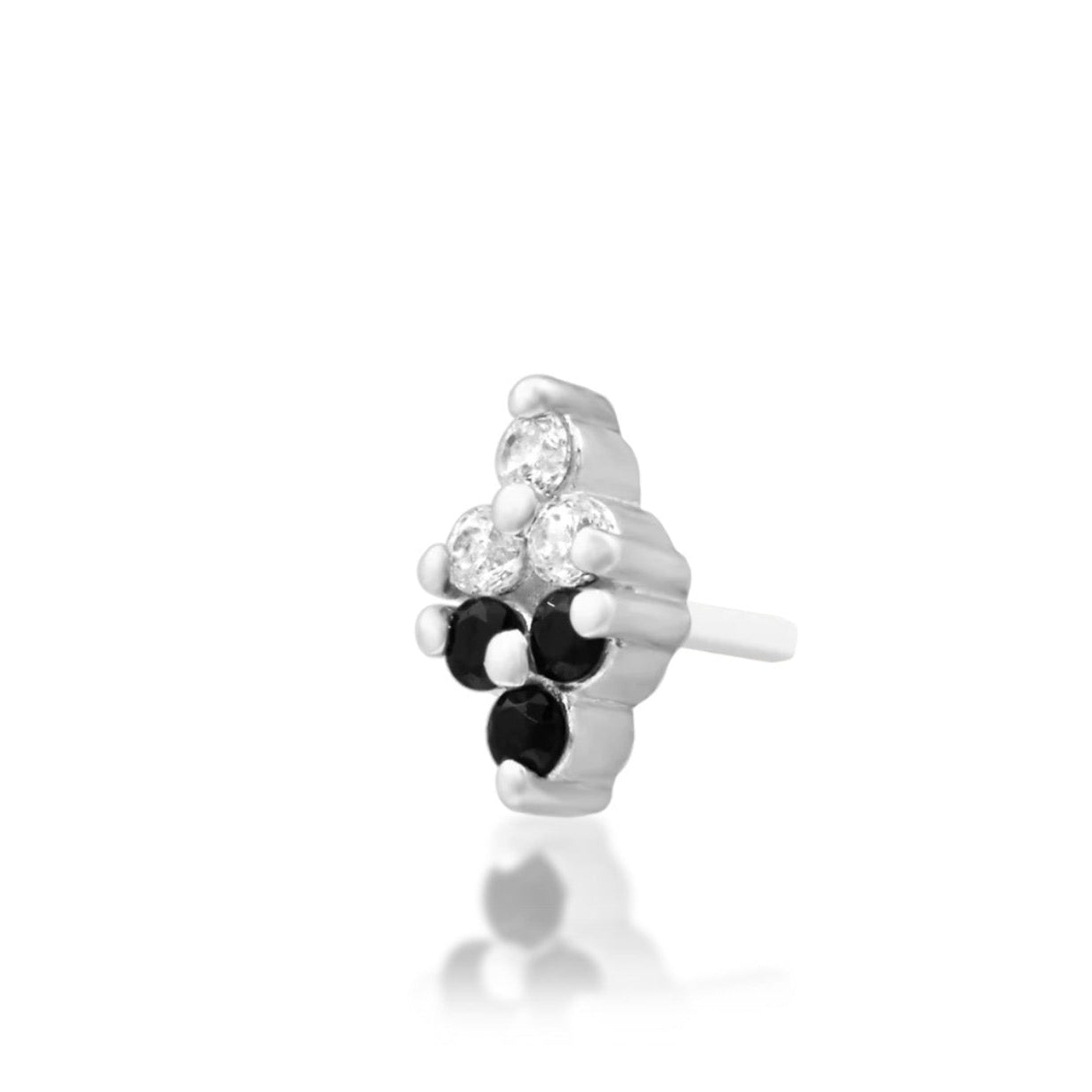     White gold flat-back earring end with two petite cubic zirconia trinities