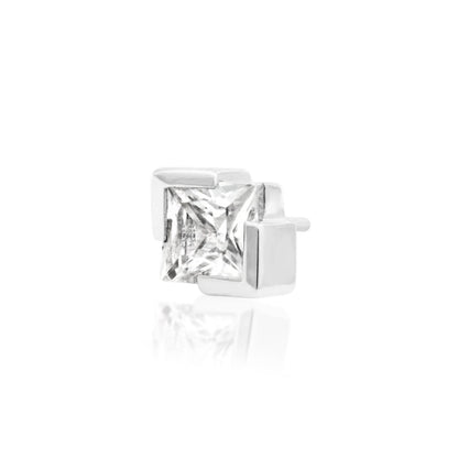 White gold flat back earring set with a reflective princess-cut cubic zirconia