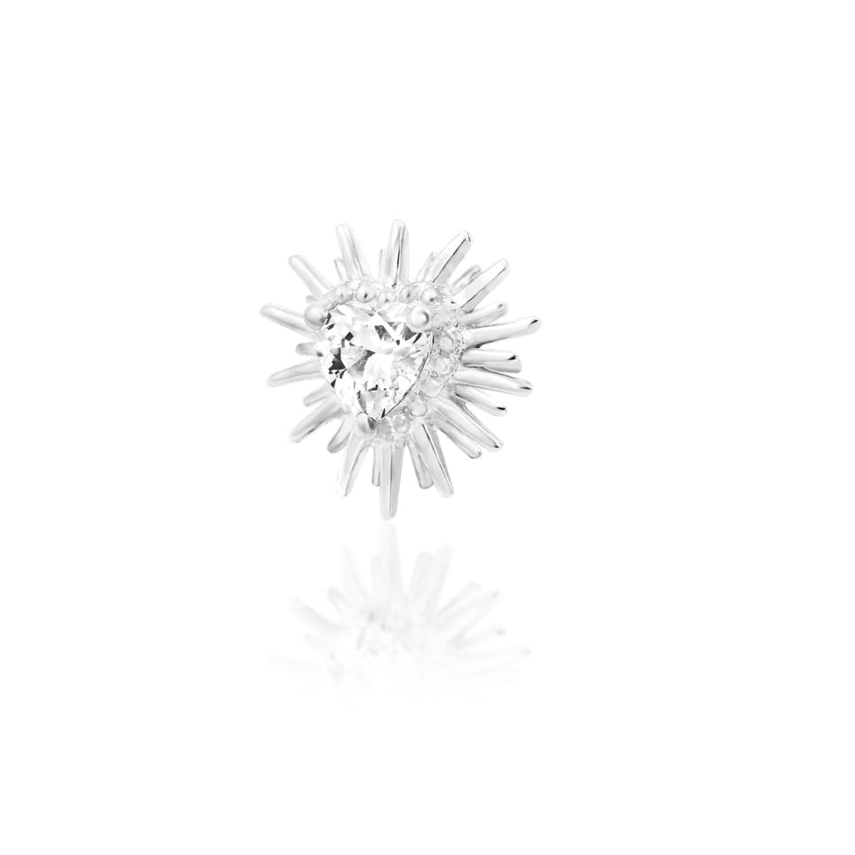White gold flat back earring with a sparkling heart CZ and carved spike details