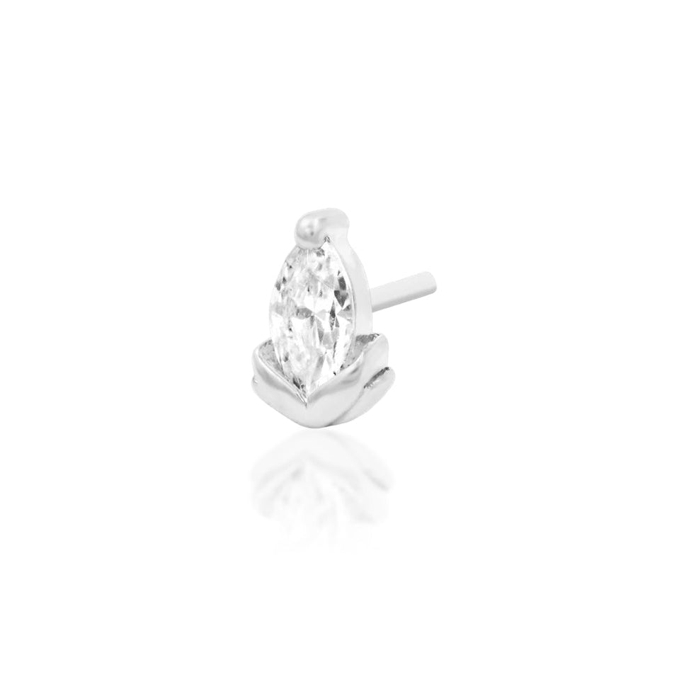 White gold flat back stud featuring a petite synthetic Moonstone