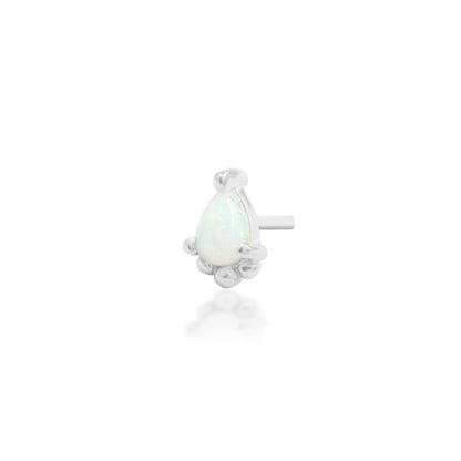 White gold helix earring featuring a pear-shaped opal surrounded by gold beads