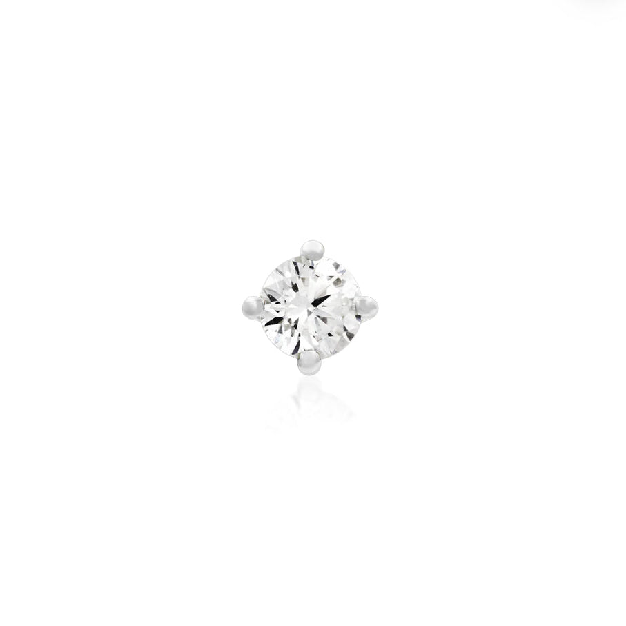 Junipurr’s single CZ decorative end in white gold, showing the round gemstone secured by four polished prongs.