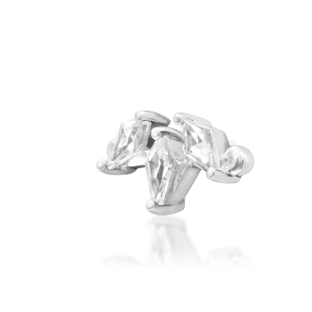 Junipurr Pari white gold flat earring with three shaped kite-cut white CZ gems