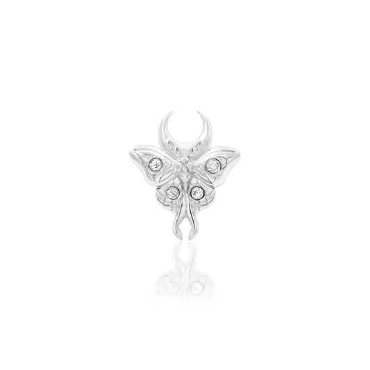 Junipurr Luna white gold helix earring featuring a sculpted moth and four CZ stones