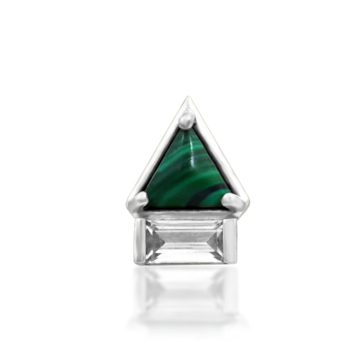 White gold malachite helix earring with a rich green triangular gemstone and baguette-cut white CZ.