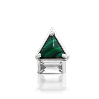 White gold malachite helix earring with a rich green triangular gemstone and baguette-cut white CZ.