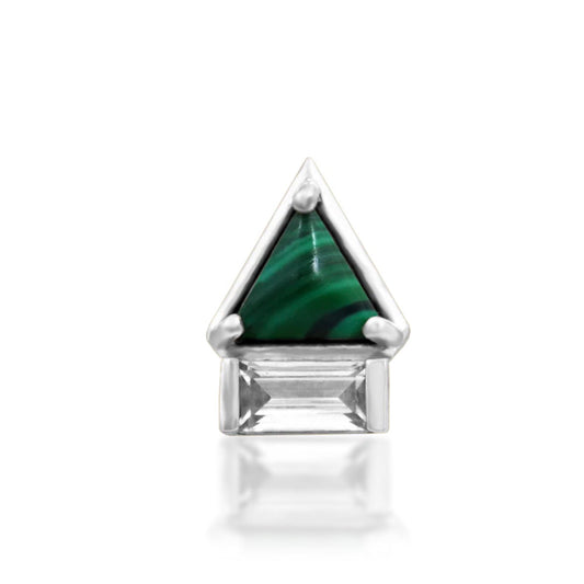 White gold malachite helix earring with a rich green triangular gemstone and baguette-cut white CZ.
